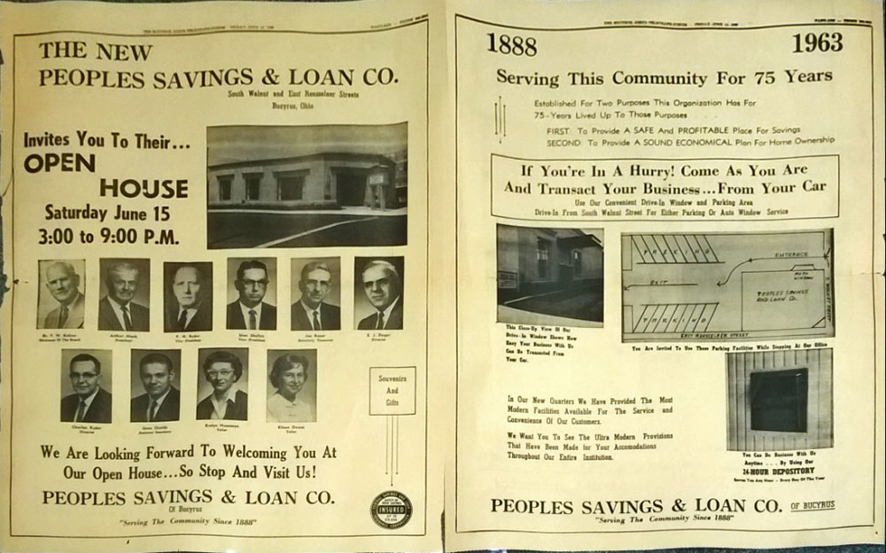Full newspaper spread for People's Savings and Loan Company open house event in 1963.