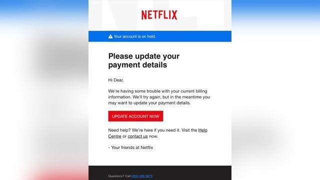 Screenshot of a phishing scam attempt with a spoofed Netflix email.